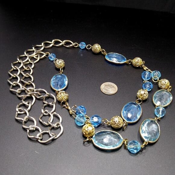Vintage Blue Lucite Bead Necklace Gold Silver Tone Two Strand Layered 32 Inch - Picture 6 of 6